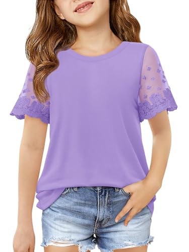 Image of Haloumoning Girls Lace Short Sleeve T Shirts Kids Summer Crewneck Tunic Tops Curved Hem 5-14 Years