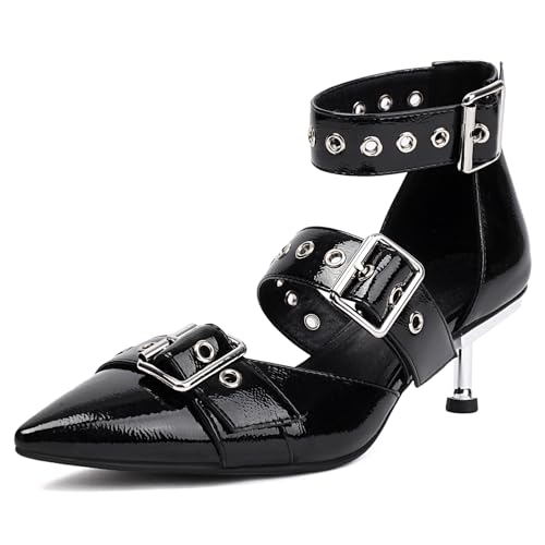 XIEDA Women's Pointed Toe Kitten Heels Ankle Strap Comfortable Low Heel Pumps Dress Shoes
