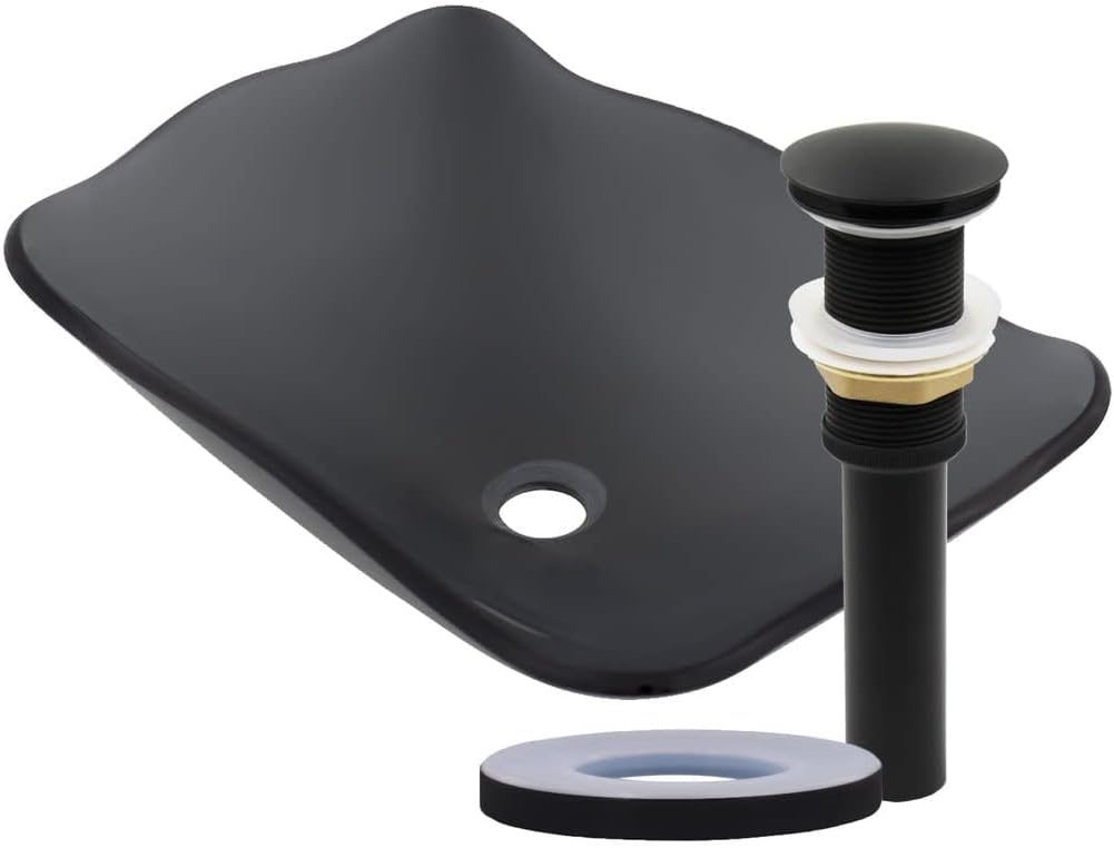 Miseno MNO-G713 Oval 20 Vessel Tempered Glass Bathroom Sink - Flat Black Drain