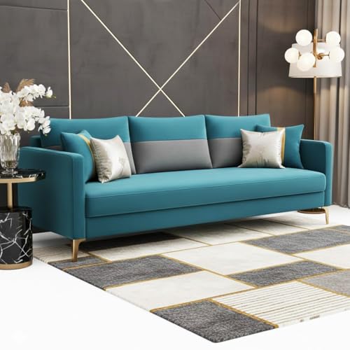 Image of FURNY Cassol 3 Seater Fabric Sofa Set (Aqua Blue-Dark Grey) Premium Velvet Finish | Durable Comfort | Ideal for Living Room