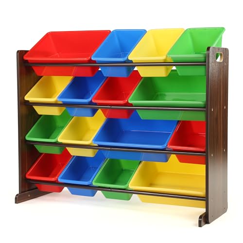 Image of Humble Crew Toy Storage Organizer with 16 Removable Storage Bins for Kids Playroom, 4-Tier Toddler Toy Organization and Storage, Walnut /Primary