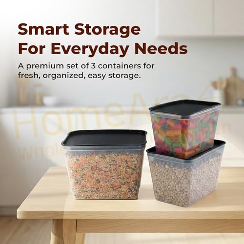 Image of Airtight Plastic Storage Containers for Kitchen & Pantry | 1100ml, 1500ml 2200ml Food Storage Boxes | Leak-Proof, Stackable (Black Transparent)