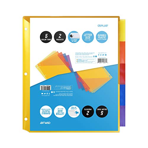 OS Plus 5-Tab Plastic Binder Dividers w/ 2 Pockets, Insertable Big Tabs, 1 Set