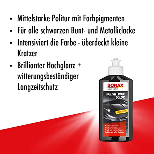 SONAX Polish+Wax Color schwarz (250 ml) Mittelstarke Politur für neuwertige und leicht matte Lacke...