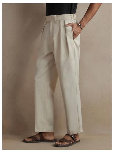 OYOANGLE Men's Casual Classic Fit Pleated Dress Pants Long Straight Leg Mid-Waist Elastic Pants3