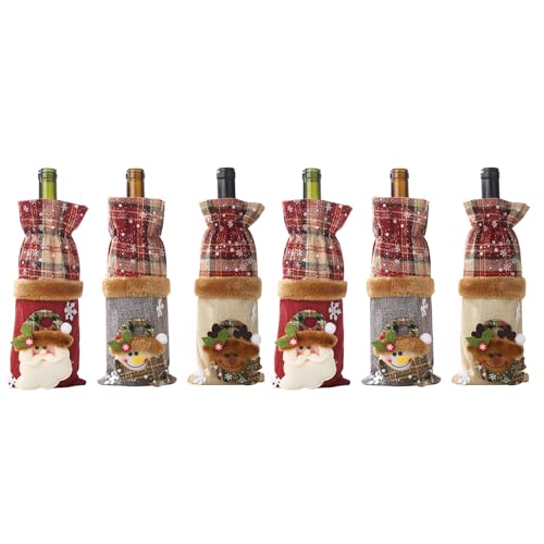 Decoraciones navideñas para botellas de vino y champán: pack de 6 bolsas de lino de cuadros