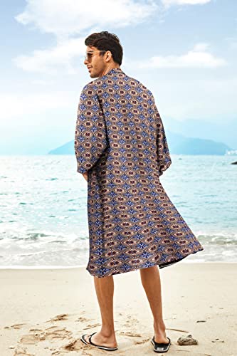 Coofandy Men's Lightweight Kimono Robe Jacket Printed Japanese Style Bathrobes Casual Open Front Long Cardigan Coat Outwear Blue #TOP2