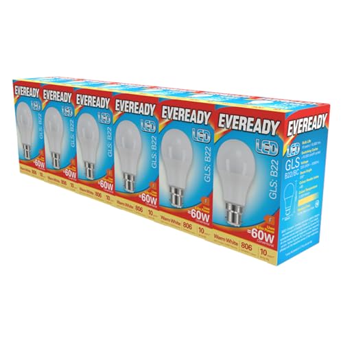 Eveready B22 Bayonet GLS LED Bulb 8.8W (60W Equivalent) Warm White (3000k) 806 Lumens Non-Dimmable Light Bulb. Pack of 6 Bulbs