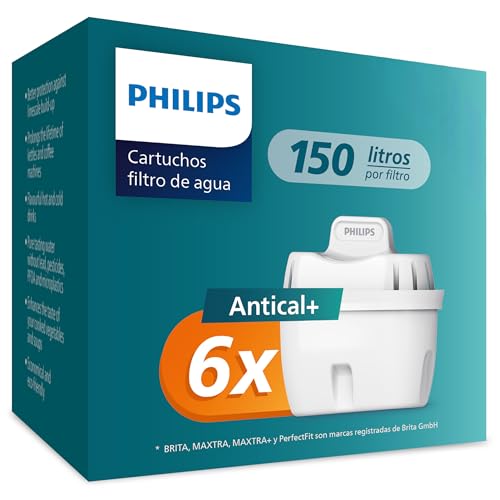 Philips Water Cartuchos De Filtro De Agua De Repuesto Antical , Pack De 6 Filtros, Hasta Un 50 De Mayor Reducción De La Cal, El Embalaje Puede Variar, Compatible Con Brita