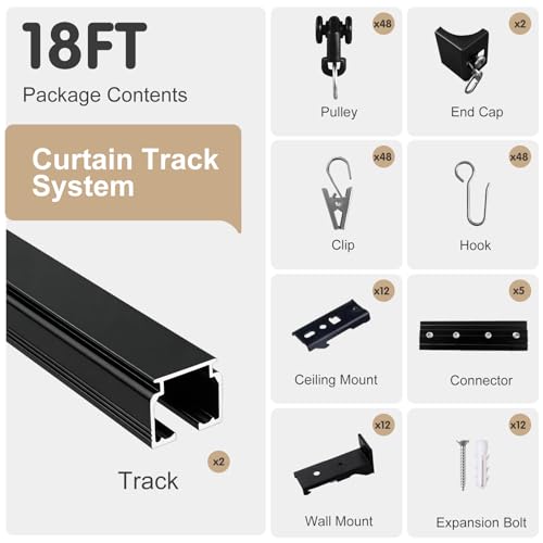 MaKefeile Ceiling Curtain Track, Heavy Duty Curtain Tracks System for Room Divider, Wall Mount Sliding Curtain Rail with Clip and Hooks Set for Living Room, Bedroom, Shower, Outdoor, Black, 15ft-18ft by MaKefeile - Image 6