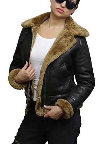 BRANDSLOCK Women's Genuine Sheepskin Leather Flying Aviator Winter Jacket With Hood3
