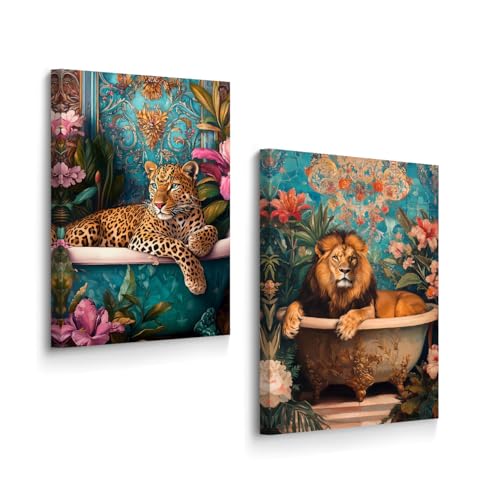 BJYCHG Jungle Animal Bathroom Wall Art 2Pcs Lion Cheetah in