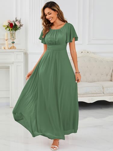Image of Ever-Pretty Women's Spring Elegant Round Neck Short Sleeve Chiffon Empire Waist Floor Length Formal Dresses Bridesmaid Dress