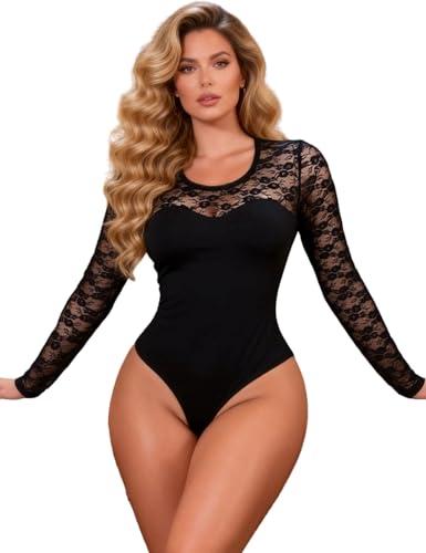comeondear Body de Encaje Mujer Fiesta Body Sexy Mangas Largas con Corchetes Lenceria Sexy Tallas Grande Bodysuit Cuello Redondo Top Cómodo y Suave Ropa de Club Leotardo Nocturna de Cita Negro,S