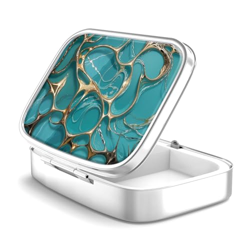 Image of Pill Box 2 Compartment Small Pill Case,Portable for Pocket or Purse Pill Organizer Pill Container Holder to Hold Vitamins, Medication, Fish Oil and Supplements(Turquoise Green Marble)