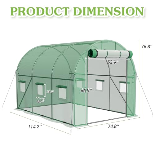 Image of Greesum Walk-in Greenhouse for Outside Heavy Duty, Greenhouse with Zippered Screen Doors & 6 Screen Windows for Winter, Green