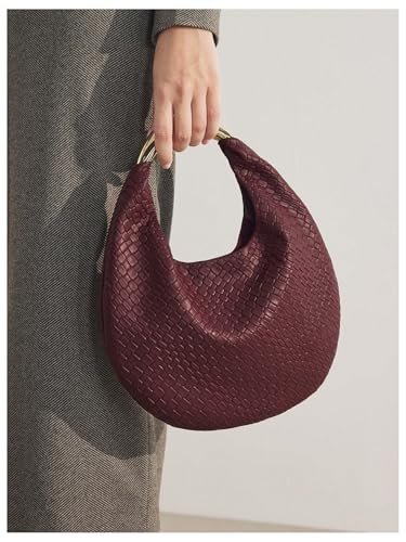 Image of QWINEE Women's Woven Handbag Elegant Clutch Purse Metal Top Handle Cresent Evening Bag Retro PU Leather Clutch Purse