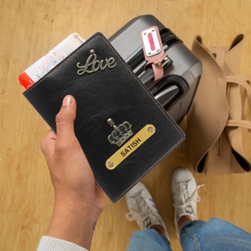 Image of ncgifts Customised Leather Passport Holder: Personalised Name & Charm for Men & Women - Unique Travel Gift, Document Organiser, Boarding Pass Holder, Customised Gifts for Men & Women (Black)