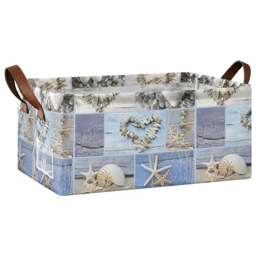 Fygkptb Collage with Hearts of Seashells Starfish Driftwood and Beach Goods 1 PC Rectangle Foldable Frame Basket Leather Handles Storage Bin for Laundry Bathroom Organizer 16.9 x 11.4 x 7.7 inch