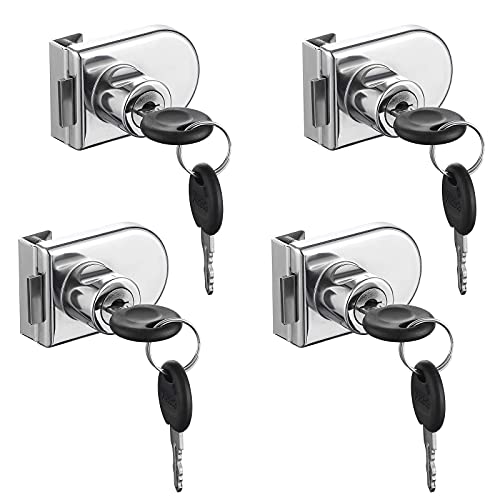 Serrure de Porte en Verre, 4 pièces Serrures à Came, Verrouillage de Sécurité de la Vitrine de l'armoire de Porte en Verre pour Porte en Verre de 5-8 mm Sans Perçage ( avec 8 clés)