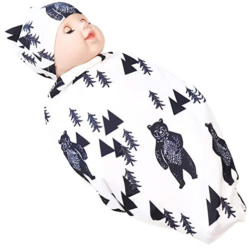 Image of Newborn Swaddle Blanket with Beanie Set,Soft Stretchy Cocoon Sack for 0-3 Months Baby Boys and Girls,Ink Bear