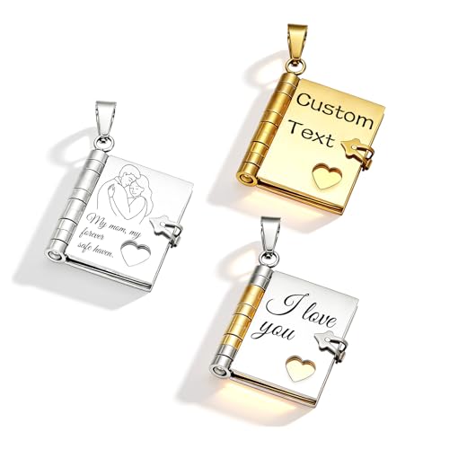WBW Personalized Book Necklace for Daughter - Custom Name & Text Openable Chapter Book Necklace with 6 Pages of Engraved Information Gifts from Grandma Mom Dad to Daughter Granddaughter (Gold Silver)