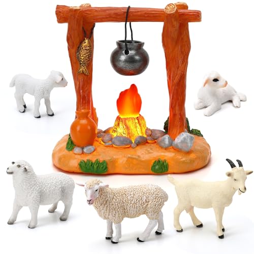 MOUNTCLIM Christmas Nativity Animal Set, 6 Pcs Resin LED Nativity Campfire White Sheeps Hand Painted Nativity Sets Figurines for Christmas Table Decorations