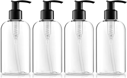 Bar5F Empty Lotion Bottles 8 Oz. Short Round Crystal Clear Bottles, Black Pump, Great for - Creams, Body Wash, Hand Soap, Self-Tanners, Bronzers and Massage Lotion (Pack of 4)