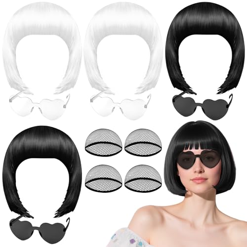 PLULON 4 Pcs Colorful Bob Wigs with Heart Plastic Sunglasses Hair Cap for Women Men, Black White Neon Short Bob Wig Colored Funny Cosplay Hair for Daily Bachelorette Halloween Costume Party Decor