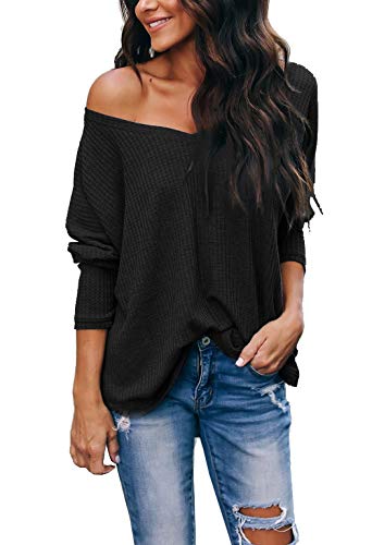 iGENJUN Women's Casual V-Neck Off-Shoulder Batwing Sleeve Pullover Sweater Tops,Black,L