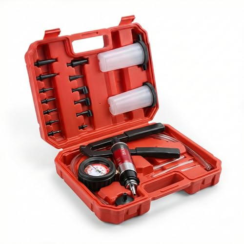 Handheld Vacuum Pump Brake Bleeder Kit Multi-Functional Vacuum & Pressure Tester Set with Gauge Hoses Adapters and Fluid Reservoirs for Automotive Brake Clutch and Fluid Extraction ((23PC-Red))