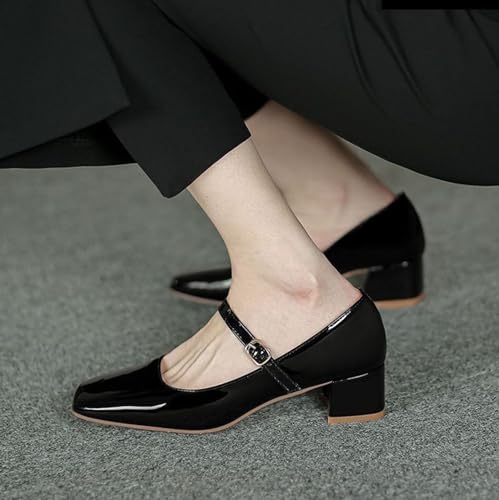 Women's Retro Square Toe Shallow Cut Mary Jane Shoes Fashion Patent Leather Handmade Buckle Low Heels Mary Jane High Heels4