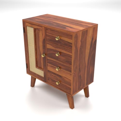 Image of Solid Sheesham Wood Chest of Drawers with Cane Panel | Wooden Storage Cabinet with 4 Drawers & 1 Door