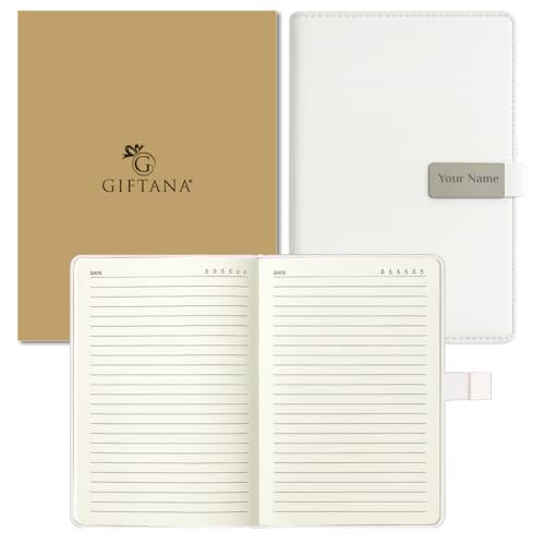 Image of Giftana Personalized Diary with Name, Customized Leather Diaries with Magnetic Overlap Lock,192 Pages, Personalised A5 Notebook Diary, Diwali Corporate Gifts for Employee (White)
