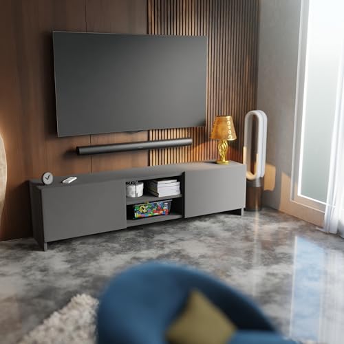 Image of Ansicraft Modern Living Room TV Stand with Open Display Compartment, Dual Side Storage Units, and Clean Contemporary Design for Home Decor | Assembly-DIY | Color-Grey