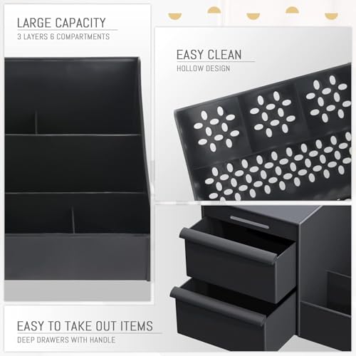 Image of PAXCOO skin care organizer, makeup desk organizer with drawers, countertop organizer for cosmetics, vanity brush with holder for lipstick, brushes, eyeshadow and jewelry desktop finish dresser-Black