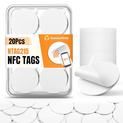 Image of 20 Pcs NFC Tags NTAG215 Blank NFC Cards Stickers, Rewritable Programmable NFC 215 Chip NFC Coins with Adhesive Back, 504 Bytes Memory, Compatible with TagMo and NFC Enabled Devices
