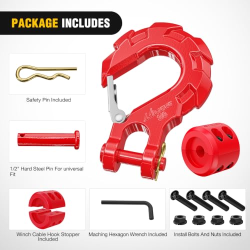 Image of Nilight Forged Steel Winch Hook 3 /8 inch Grade 70 Safety Latch Winch Cable Hook Stopper & Clevis Slip Hook Sets, Included Allen Wrench,Max 35,000 lbs, Red