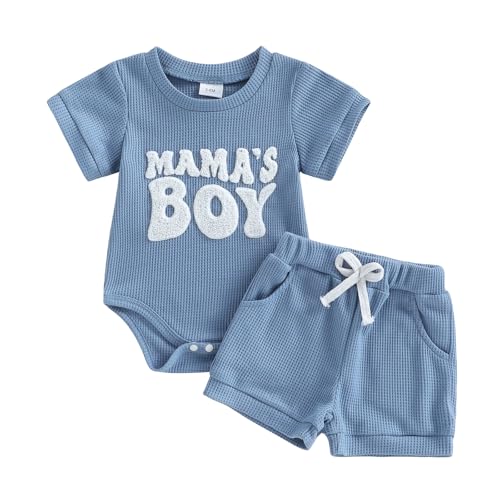 Image of Amiblvowa Newborn 0 3 6 9 12 Months Baby Boy Summer Clothes Tractor Romper Short Sets Waffle Knit 2 Piece Infant Outfits