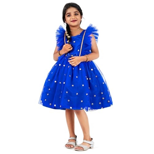 Image of Stanwells Kids Dress for Girls Bow Shade Sequins Embroider Knee Length Frock for Baby Girls Silk Birthday Perfect Dress Frock