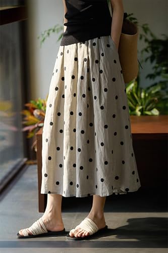 Linen Polka Dots Skirt Women Casual A-Line Midi Skirts 2025 Comfy Flowy Swing Long Skirts with Pockets4