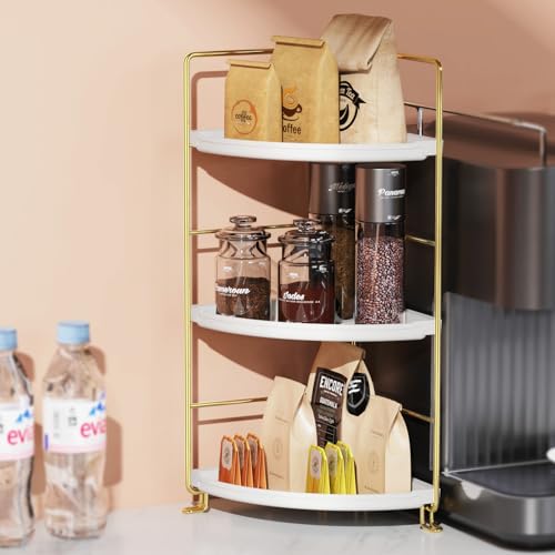 Image of 3-Tier Bathroom Organizer Countertop, Corner Bathroom Counter Organizer, Makeup for Vanity Skincare Organizers and Storage, Kitchen Counter Organizer Perfume Organizer (Gold)