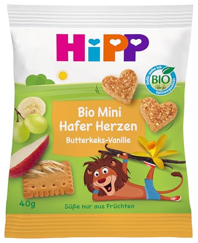 HiPP Mini Hafer-Herzen Butterkeks-Vanille (12 x 40g), ab 1 Jahr, Bio Riegelsnack in Herzform, mit hohem Getreide- und Ballaststoffanteil, Süße nur aus Früchten, in bester Bio-Qualität