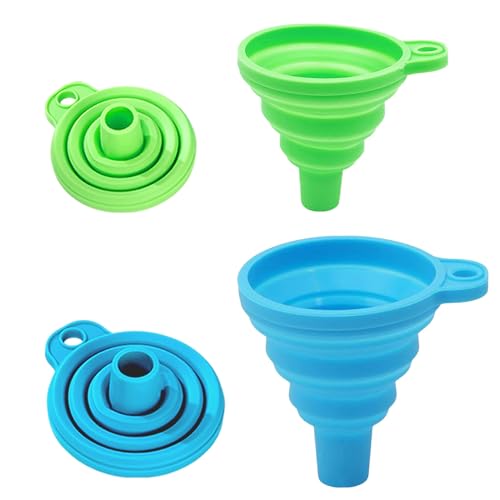 KINDOYO Set of 4 Collapsible Silicone Funnels - Blue (2) + Green (2), 1cm & 1.5cm, Kitchen & Household, BPA Free, Dishwasher Safe