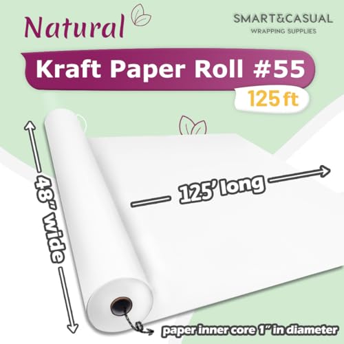 Image of SMART&CASUAL 48 inch x 1,500 inch (125') White Kraft Craft Paper Roll for Gift Wrapping Bulletin Board Bouquet Flower Kids Art Packing Parcel Table Covering 80GSM 55LB (White, 48 inch x 125')