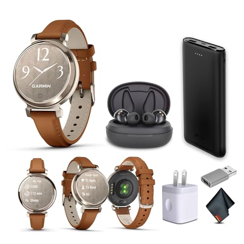 Garmin Lily 2 Classic Small and Stylish Smartwatch Up to 5 Days Battery Life Hidden Display Patterned Lens Cream Gold with Tan (010-02839-02) Fitness Smart Watch Bundle for Women
