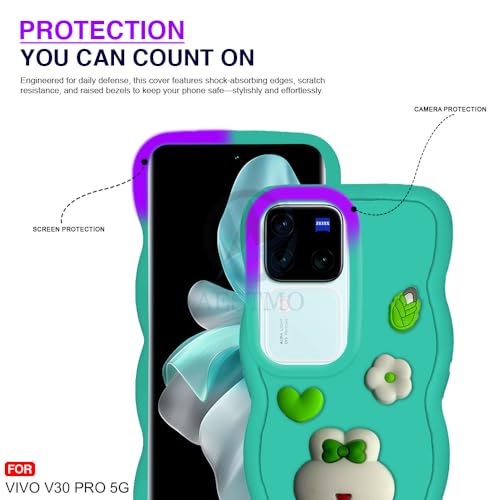Image of AESTMO Back Case Cover for Vivo V30 / V30 Pro 5G | 3D Cute Fun Cartoon Characters | Anti Slip Grip Cute Wave Curly Frame Shape | Full Body Protection Back Cover for Vivo V30 / V30 Pro 5G (MintGreen)