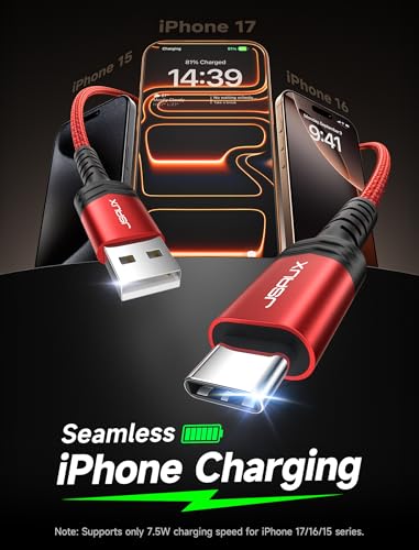 Image of JSAUX USB to USB C Cable, USB C Cable for iPhone 17, 3-Pack (10+6.6+3.3FT) | USB Type C Charger Cord, Fast Charging for iPhone 17 16 Pro Max, Samsung Galaxy, iPad, Red