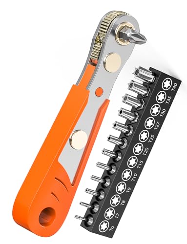 Right Angle Phillips Magnetic Screwdriver with Torx Bits Set, Ancable 1/4” PH2 Mini Ratchet Wrench 1/4 Inch Drive High Torque Offset Reversible Mini Ratcheting Offset Screwdriver