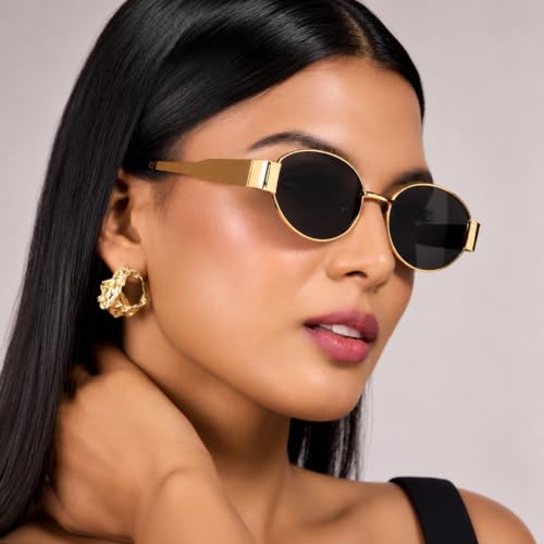 Image of Gold Frame Black Oval UV Protection Polarized Sunglasses for Men & Women Unisex Daily Beach Retro Wear